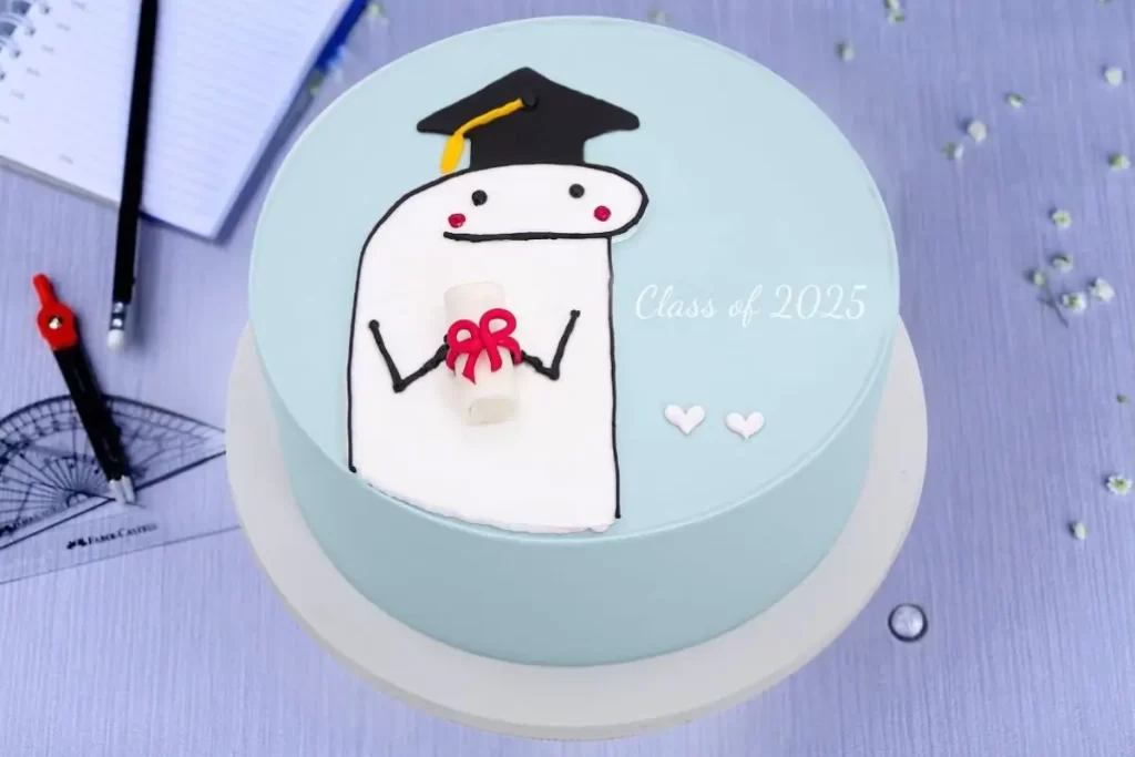 Pastel Blue Flork Meme Graduation Cake