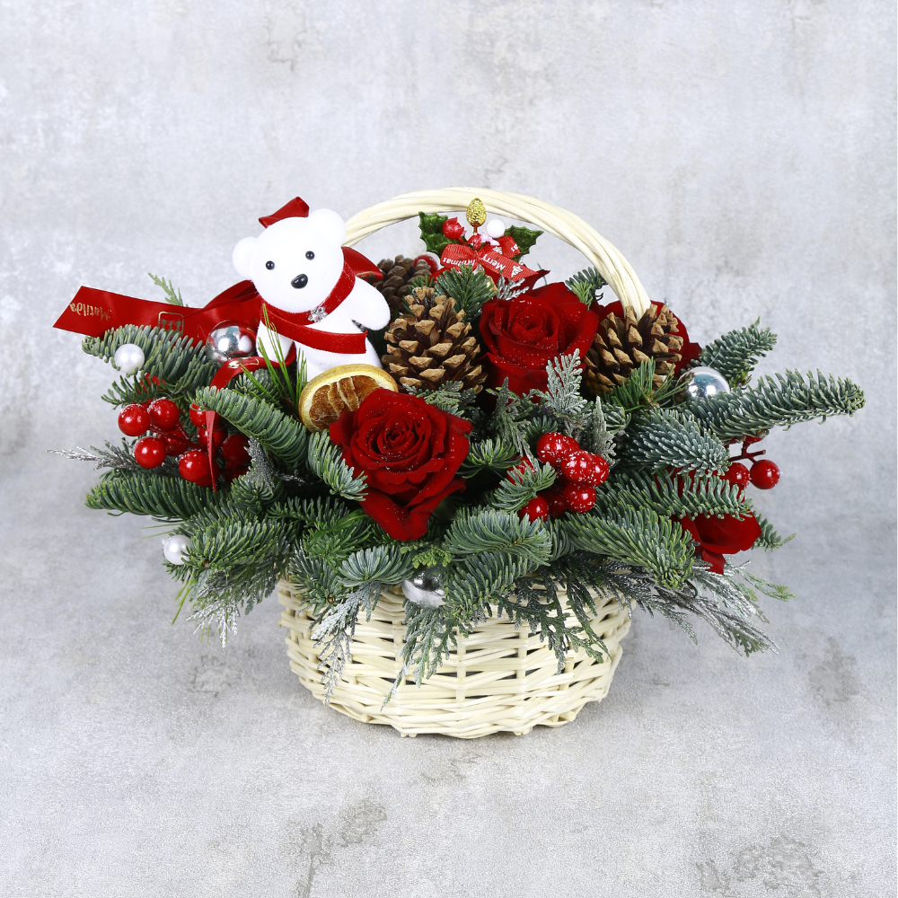 Winter Teddy Blossom Basket Dubai (21 Pcs)