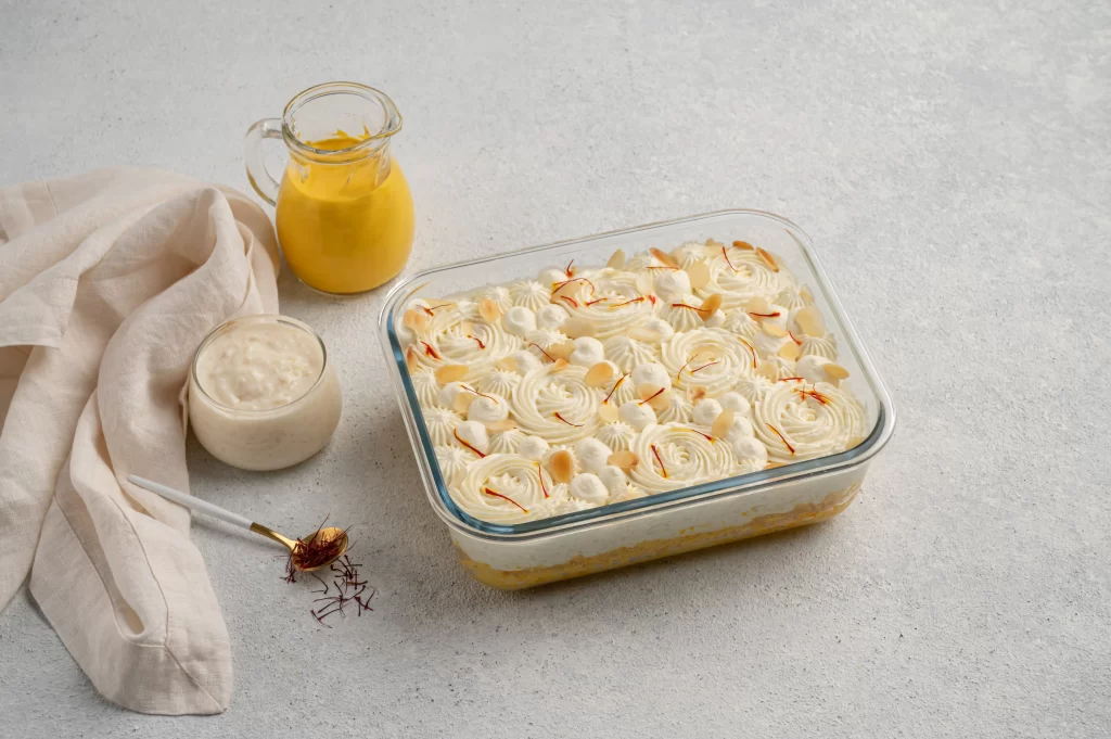 Saffron Tres Leches Cake with premium saffron strands