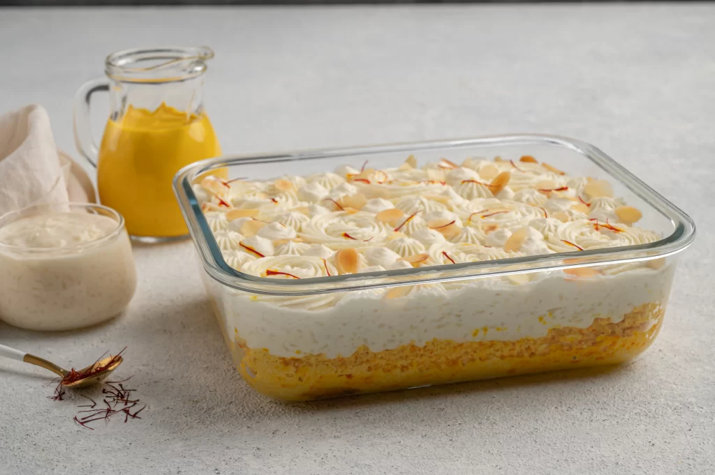 Saffron Rice Pudding Dessert with a gold-tinted milk soak